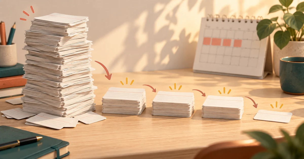 Una pila alta de repasos de flashcards atrasados que se reduce día a día hasta convertirse en una cola diaria manejable
