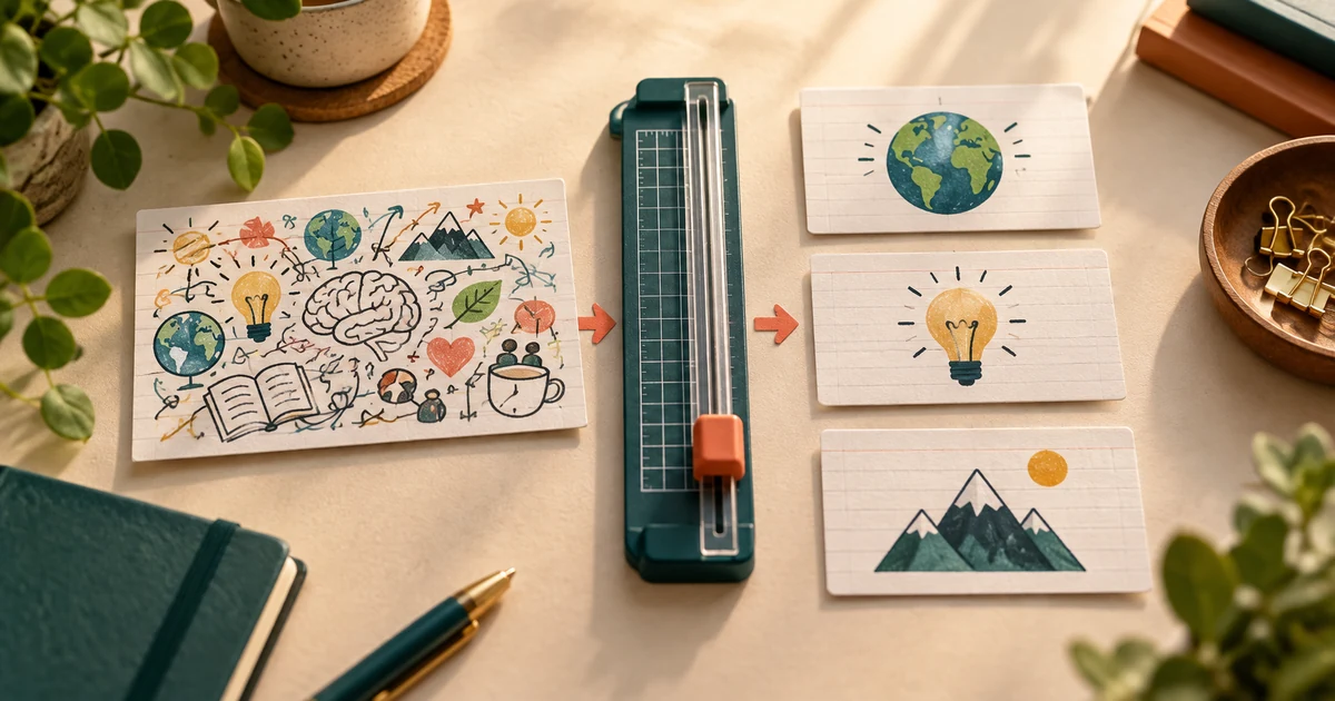 Una flashcard saturada con tres datos que se reescribe en tres flashcards separadas y sencillas